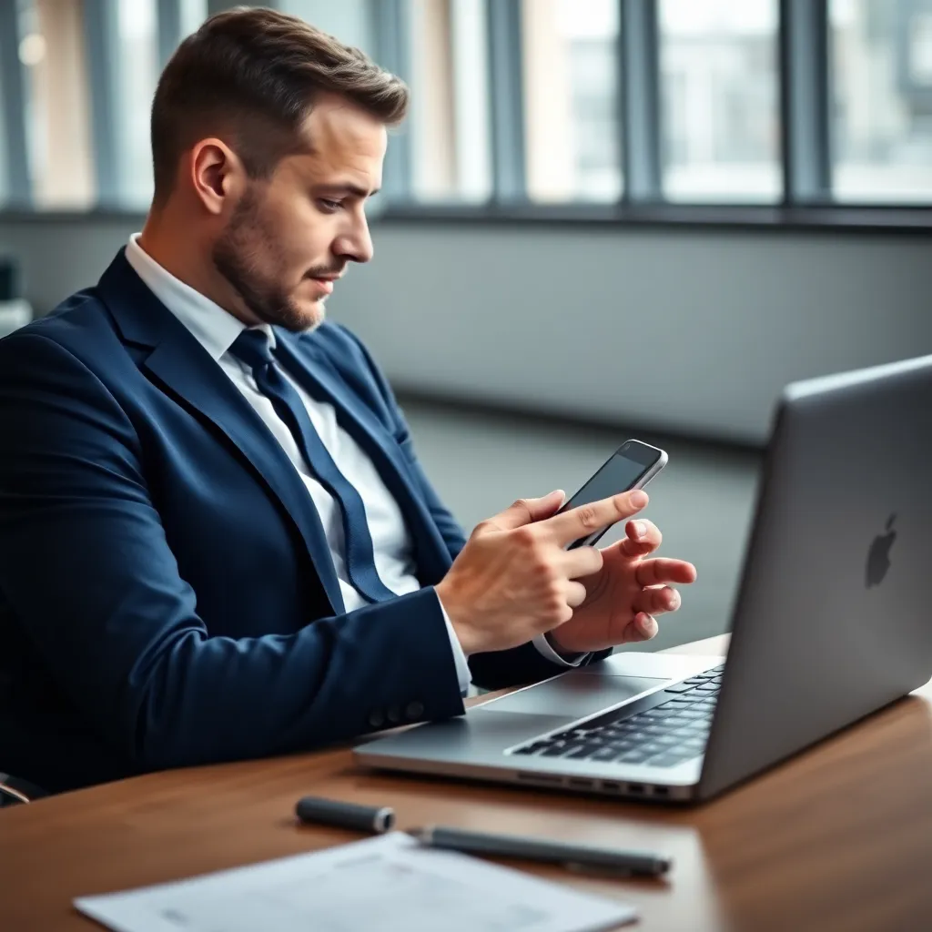 Een professional die digitale financiële tools gebruikt op een laptop en smartphone