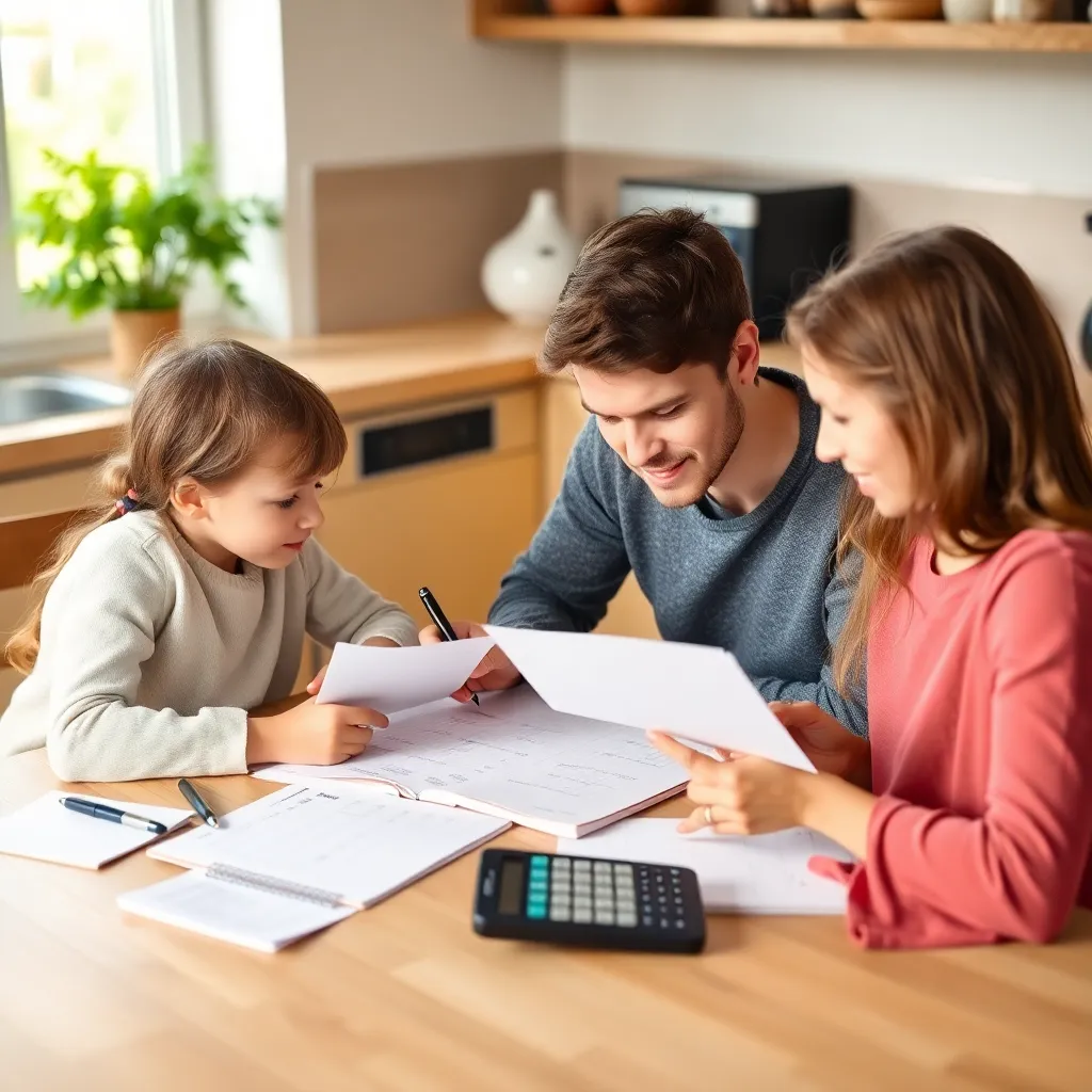 Een gezin dat samen hun huishoudbudget plant aan de keukentafel