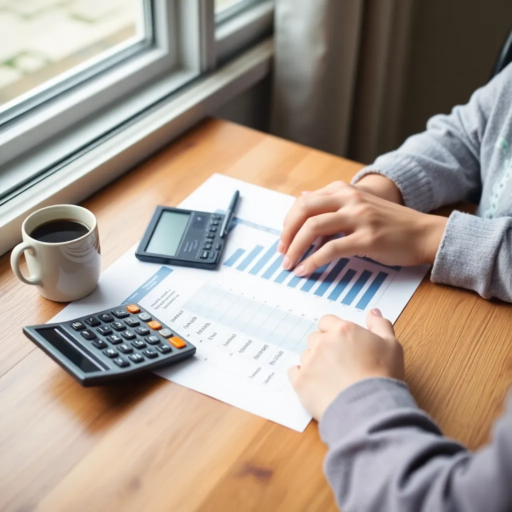Een jonge vrouw die haar financiën plant met een tablet en papieren