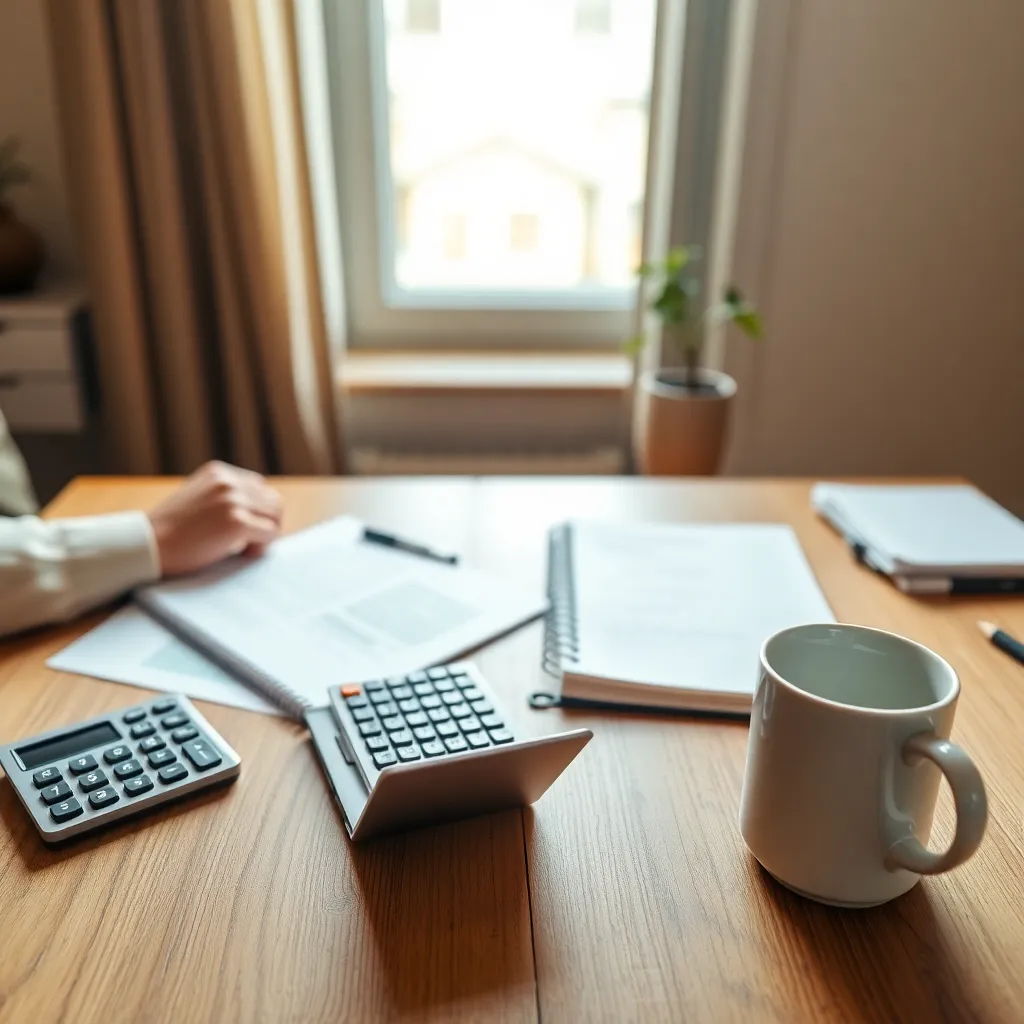 Persoon die financiën plant met notitieboek en rekenmachine