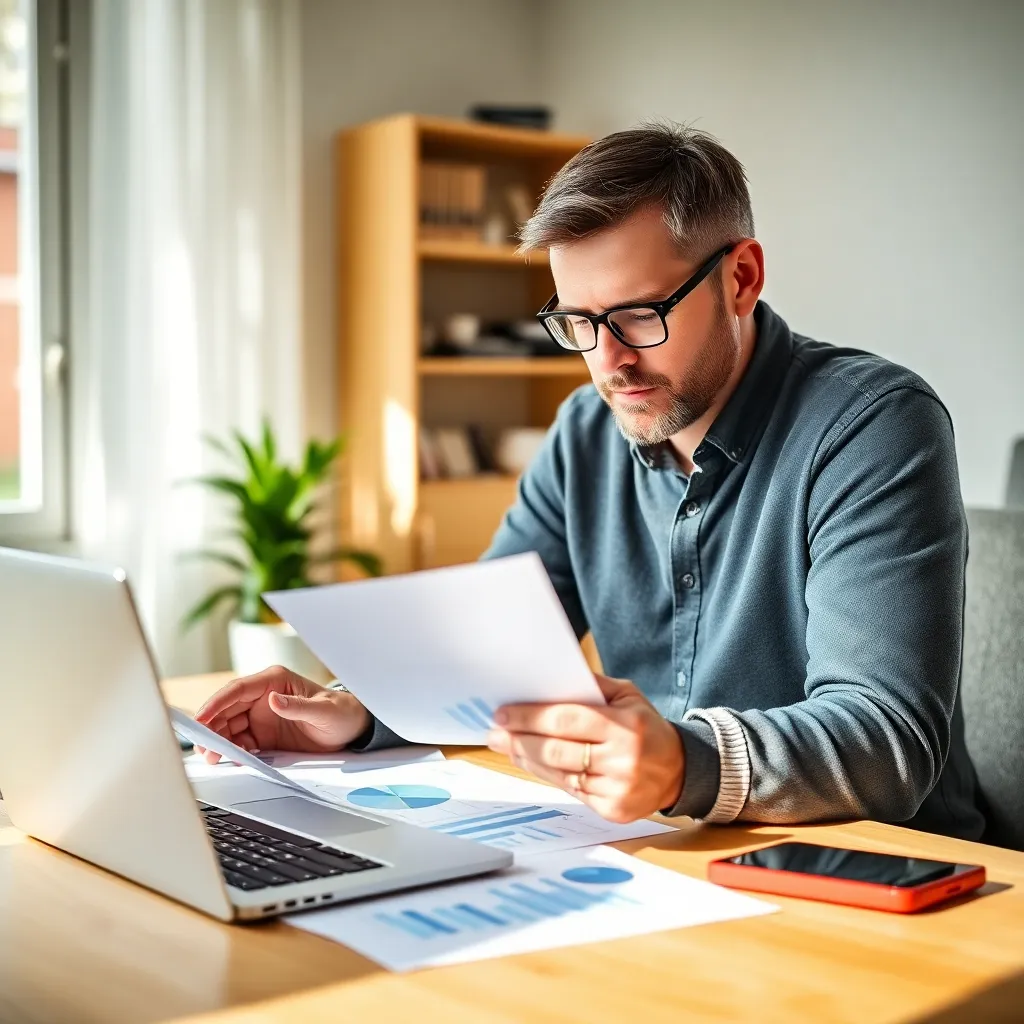 Een persoon die financiële documenten bestudeert met een laptop