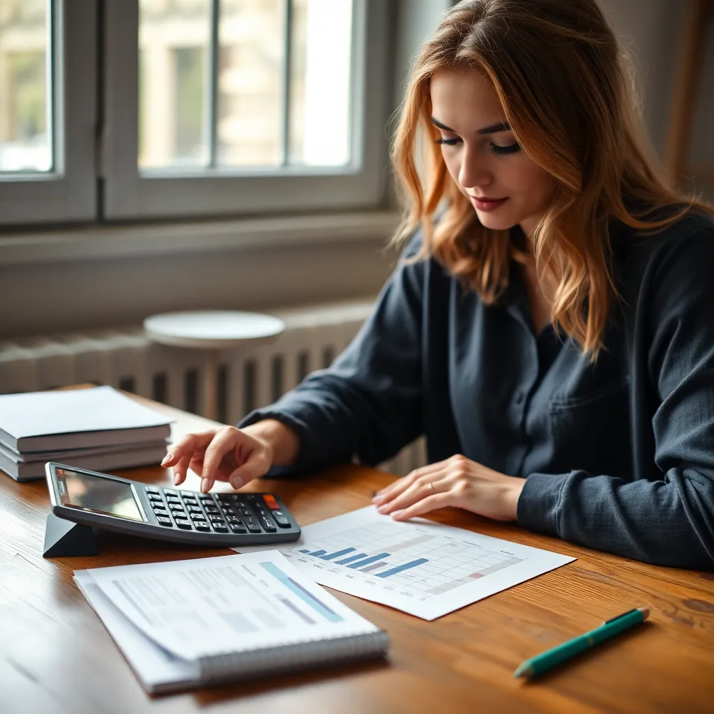 Een jonge vrouw die haar financiën plant met een tablet en papieren